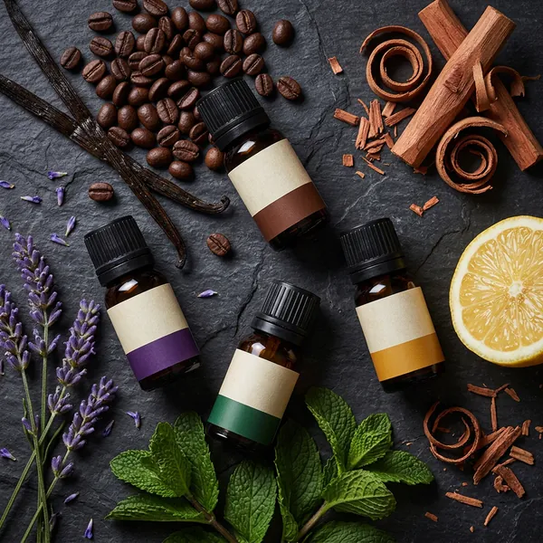 Scent drop bottles among coffee beans, vanilla, lavender, mint, lemon and sandalwood