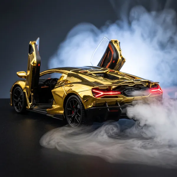 Gold Revuelto with mist rolling out of the exhaust